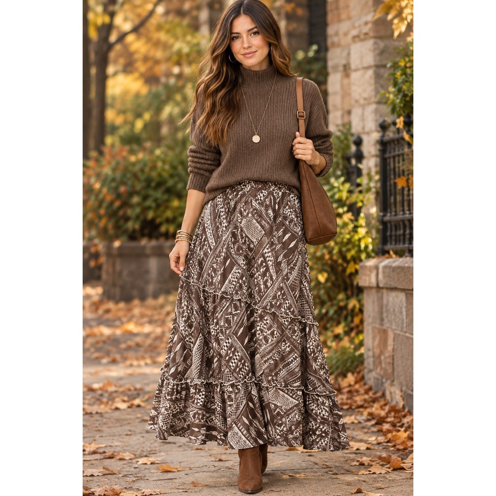 Alfred Dunner Brown Geometric Tribal Print Tiered Midi Skirt Lettuce Edge Boho